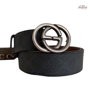 Authentic Gucci Black/Gray GG Supreme Monogram Interlocking G Buckle Belt 90/36